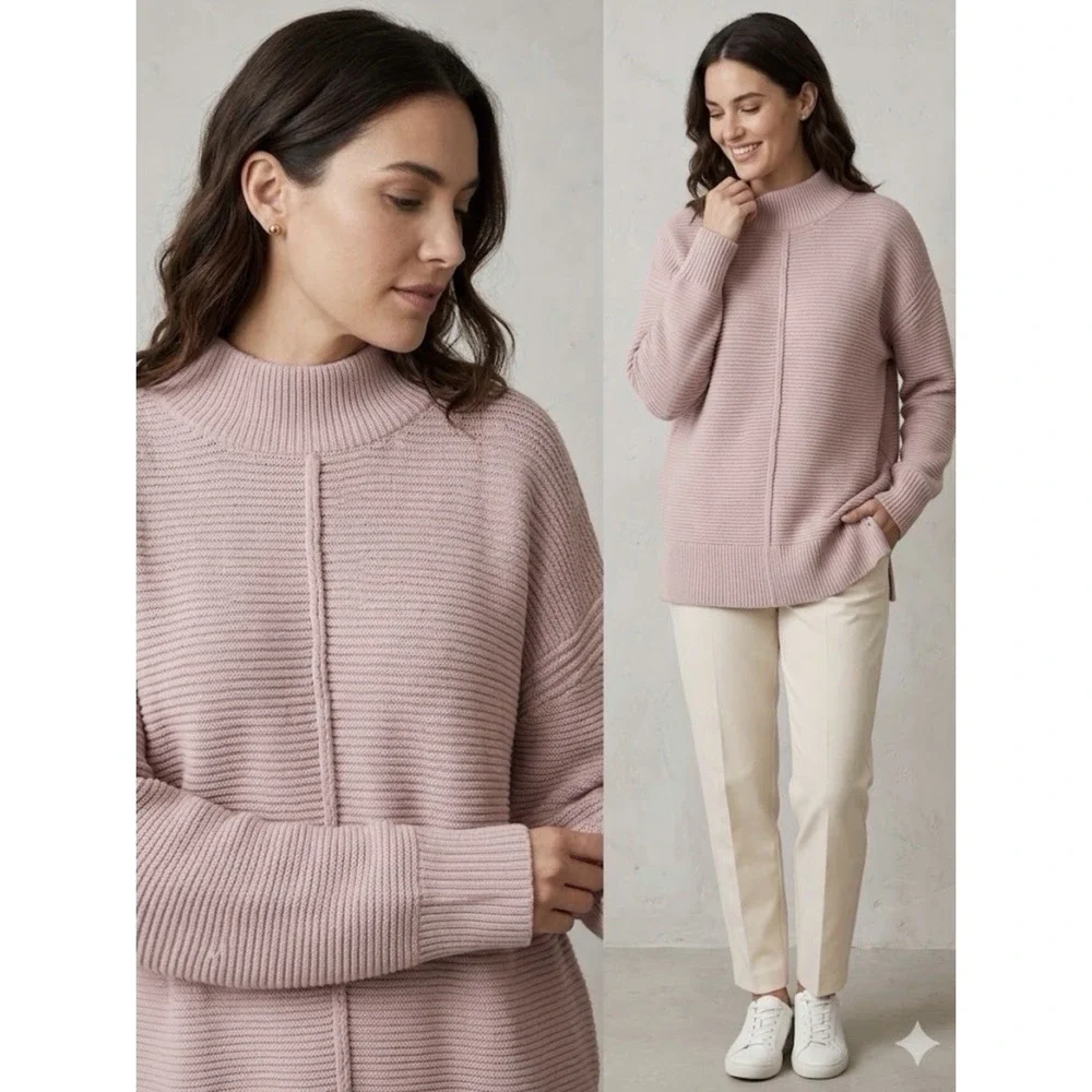 Evereve Pink Foster Turtleneck Ribbed Knit Sweater Cozy Boho Minimalist Size M